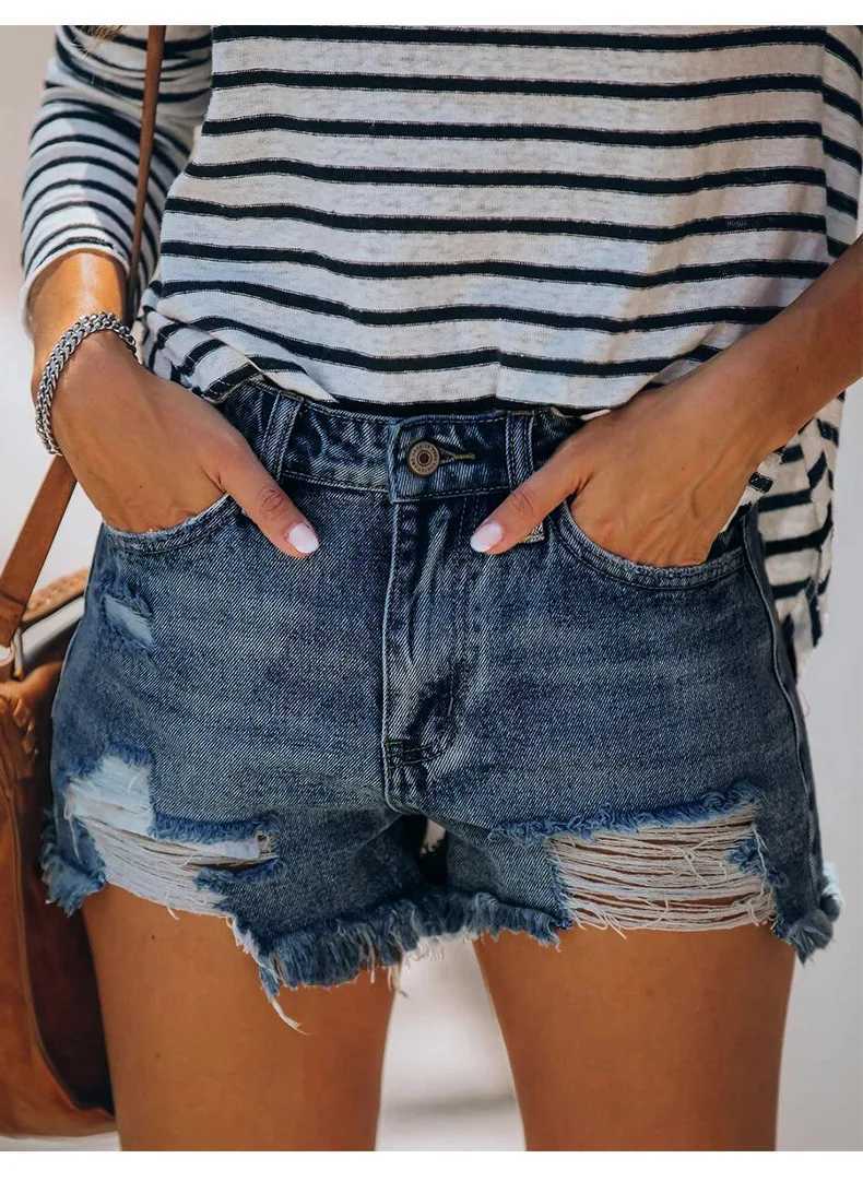 2025 Summer New Womens Ripped Denim Shorts Fashion High Elastic Tassel Straight Jeans Shorts Casual Sexy Ladies ShortsC250327