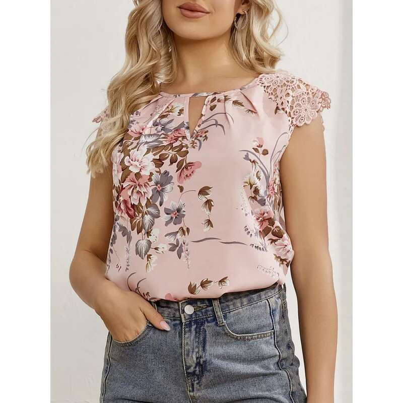 Dongdumaoyi Dames Zomer Nieuwe Kanten Mouw Patchwork Print Shirt Cap Top A