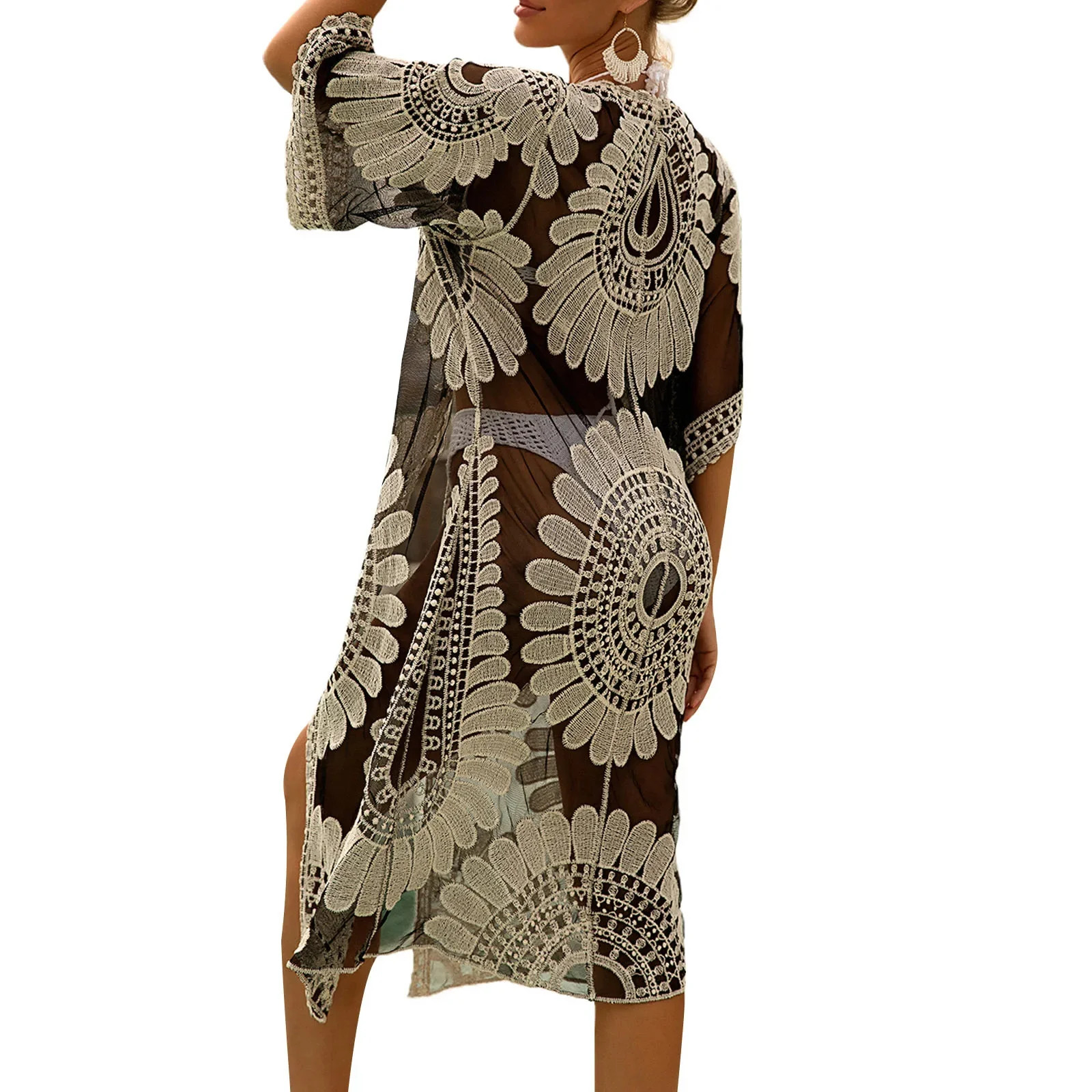 Womens long sleeved swimsuit half floral crochet open front kimono fashionable beach cardigan 250326