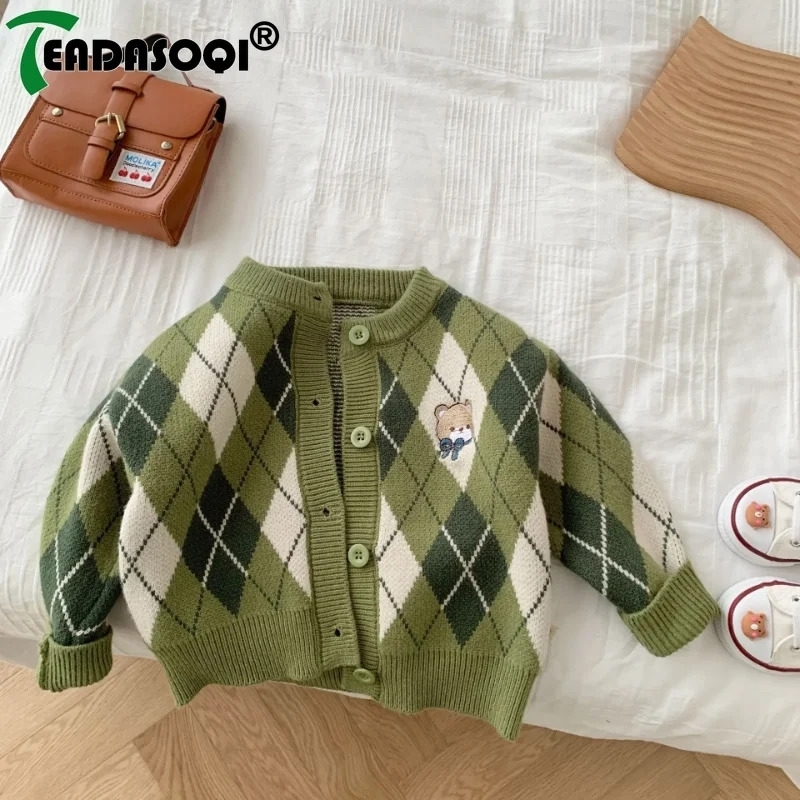 Toddler Baby Girls Boys Knitted Sweater Vest Coat 7Y Kids Cartoon Bear Geometric Figure Children Cardigan Outer Wear Clothing 250218