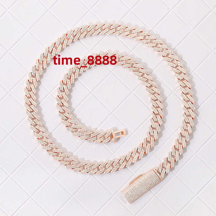 Hip Hop Cuban Chain Pure Silver Plated 18K Gold 8Mm Wide Handmade Insert 2 Rows Rose Gold Pink Moissanite Cuban Link Chain Men