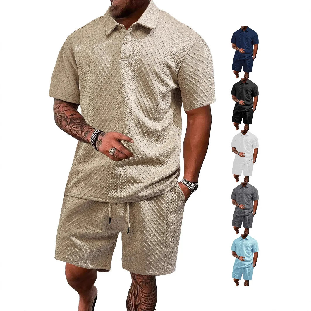 Summer European and American Jacquard Fabric Mens Casual Sports Thin Collar Polo Shirt Short Sleeve Set 250327