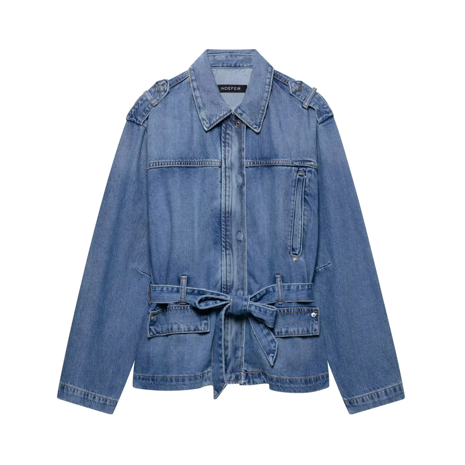 European and American style with a fashionable belt Versatile Spring denim jacket 250326