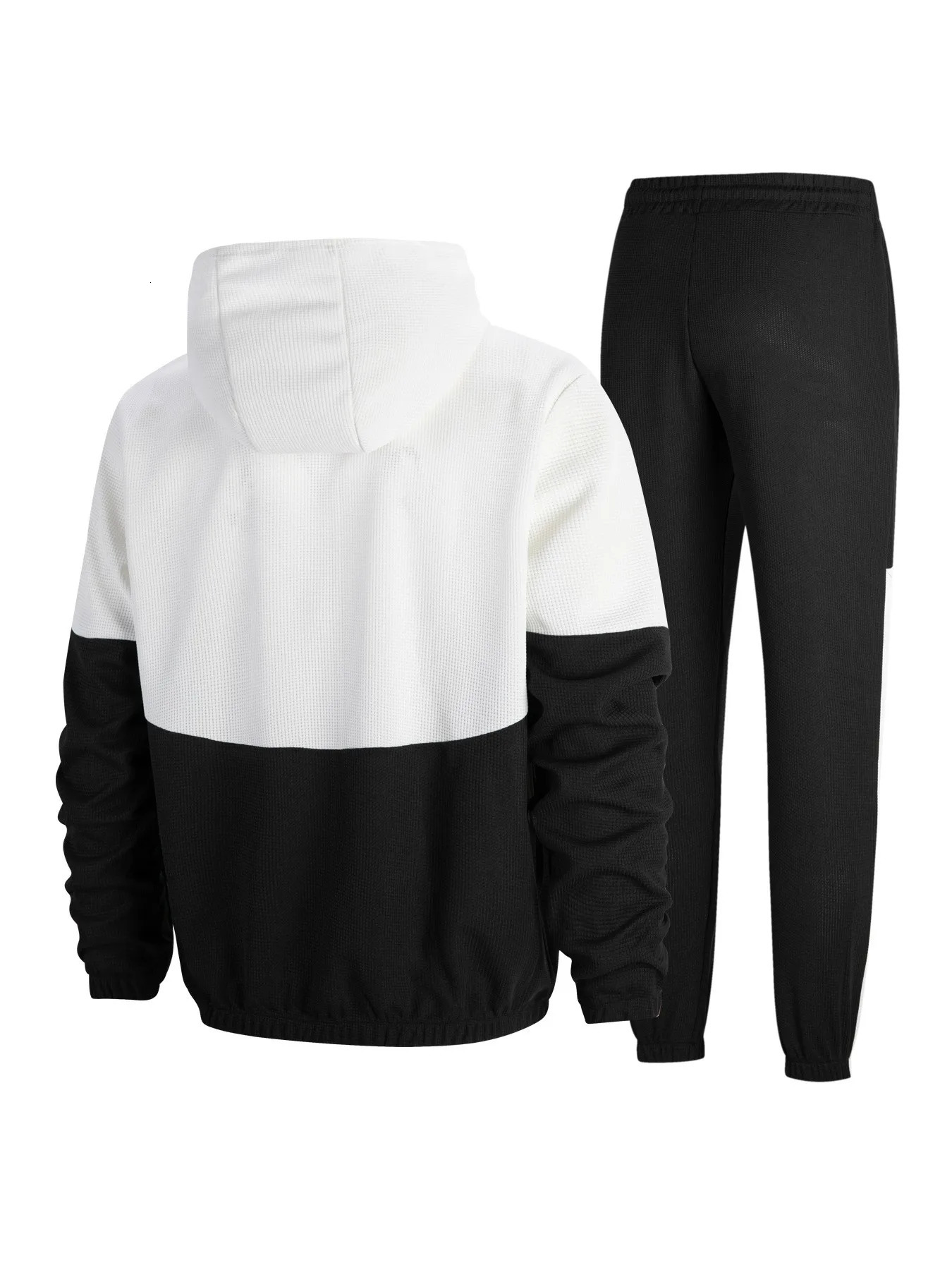 Mens spring and autumn hooded double pocket waffle biscuit color matching jacket casual sports trouser set 250327