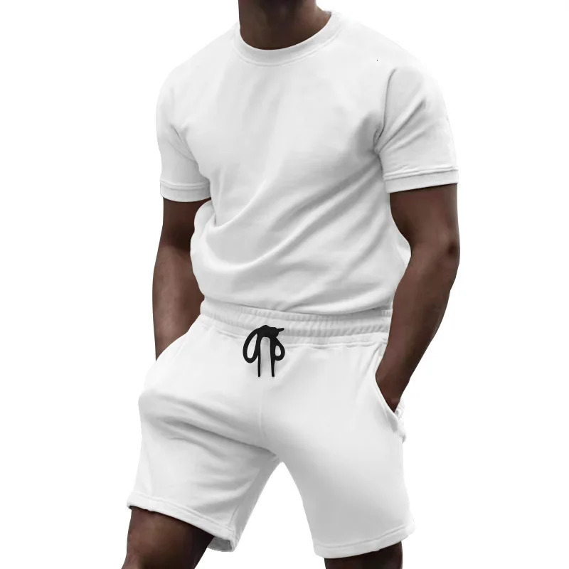 Summer mens fitness pure cotton short sleeved sports quick drying fresh solid color comfortable round neck set 250327