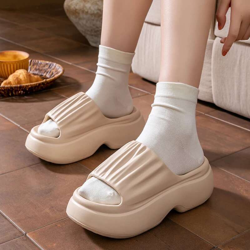 Chunky Platform Slippers for Women Summer Non Slip Thick Eva Sole Beach Slides Woman Pleated Design Wedge Heels Sandals