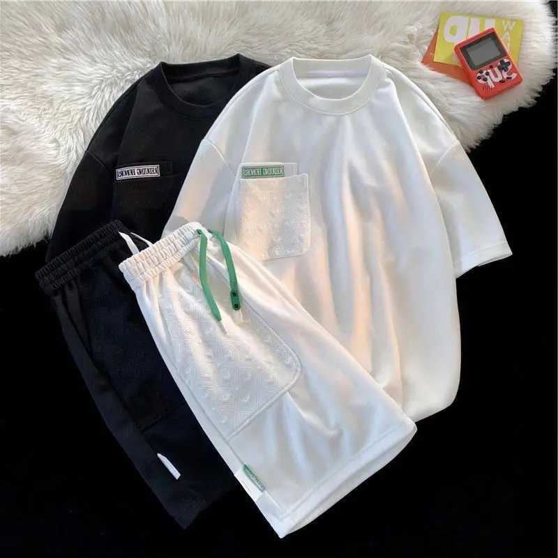 Summer loose short sleeved set for couples O-neck pocket simple casual wild T-shirt mens two-piece setXJ250326