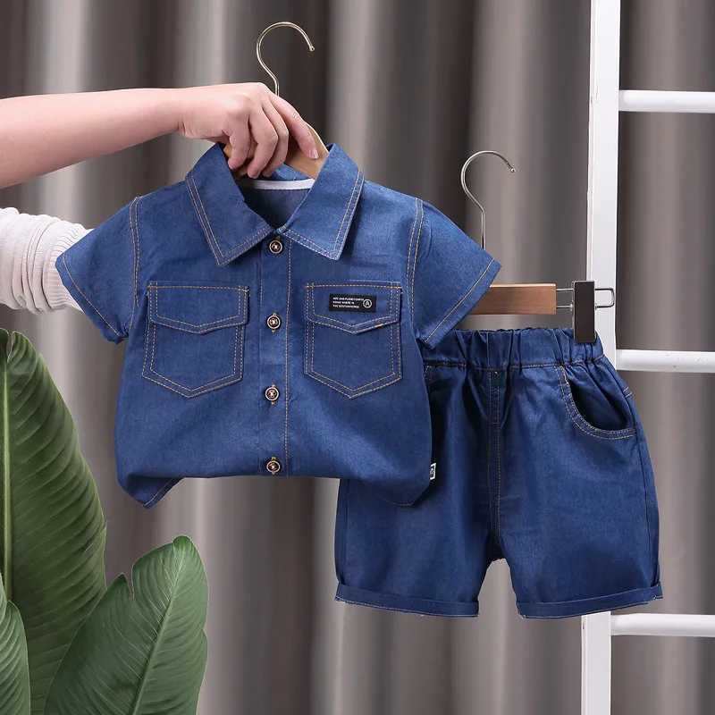 New summer boys clothing set childrens clothing fashionable solid shirt shorts 2PCS/set childrens casual clothing childrens track and field clothingT2