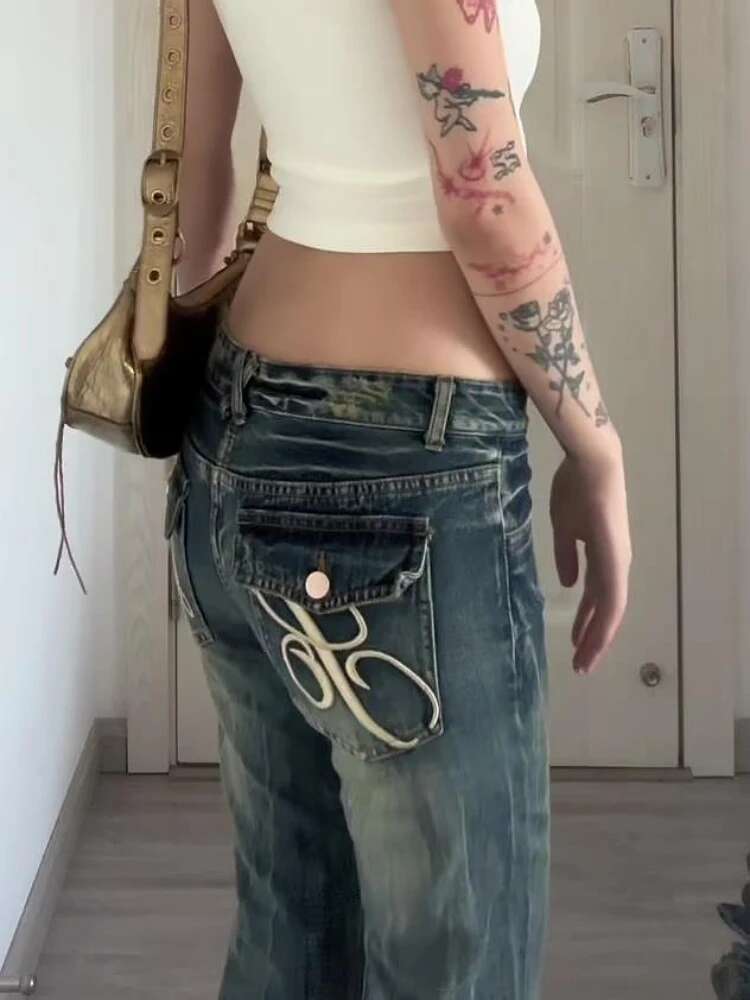 Woman American Style Jeans Aesthetics Denim Kpop Pants Gyaru Trousers High Street Bell Pockets Bottoms Zipper Low Waist
