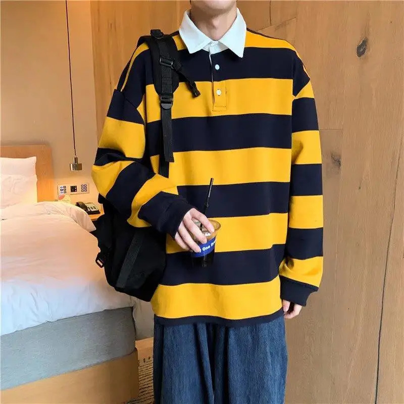 Mens highquality collar mens shirt polo top with sports striped white streetwear Y2k Xl 250326