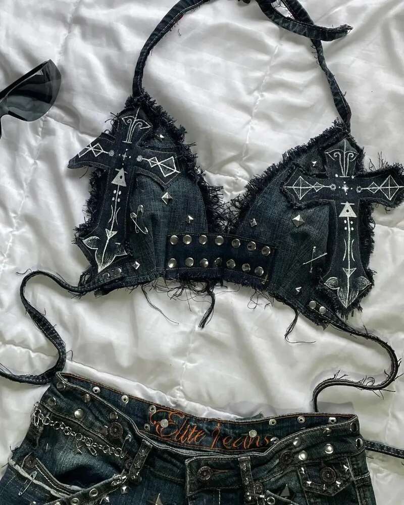 American New Fashion Cross Embroidery Patch Short Suit Female Y2k Haruku Style Popular Sexy Spice Slim Denim Skirt Streetwear