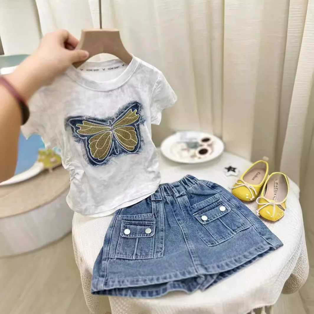 Childrens clothing set butterfly embroidery short sleeved top+denim Culottes baby clothing set girls clothing for 3 to 7 yearsT250327