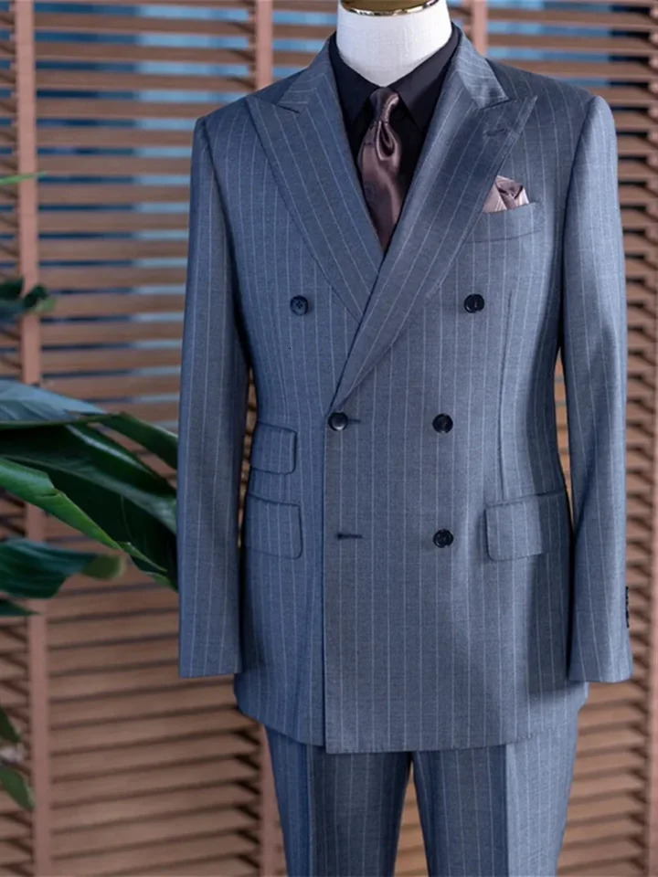2 pieces of grey striped mens classic double chest business jacket pants customized formal party dress 250326