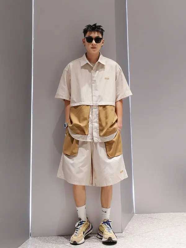 Fake Two piece Color Combination Suit Mens Fashion Loose Large Pocket Design Short Sleeve Shirt and Short Sleeve Two piece SetXJ250326