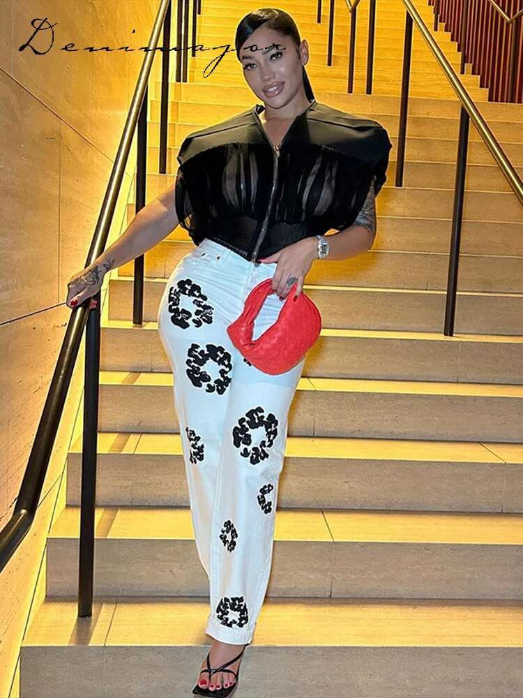 Y2k Wer Print Denim Pants Set Women Lapel Button Pocket Coat Zippers Slim Trousers Spring Fashion Lady 2 Pieces Outfits