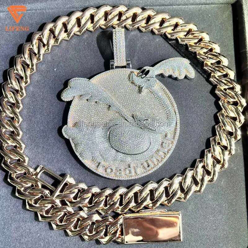 Fashion Design Solid Sier Gra Moissanite 18mm 20mm Wide Iced Out Pendant Necklace Cuban k Chain for Rapper
