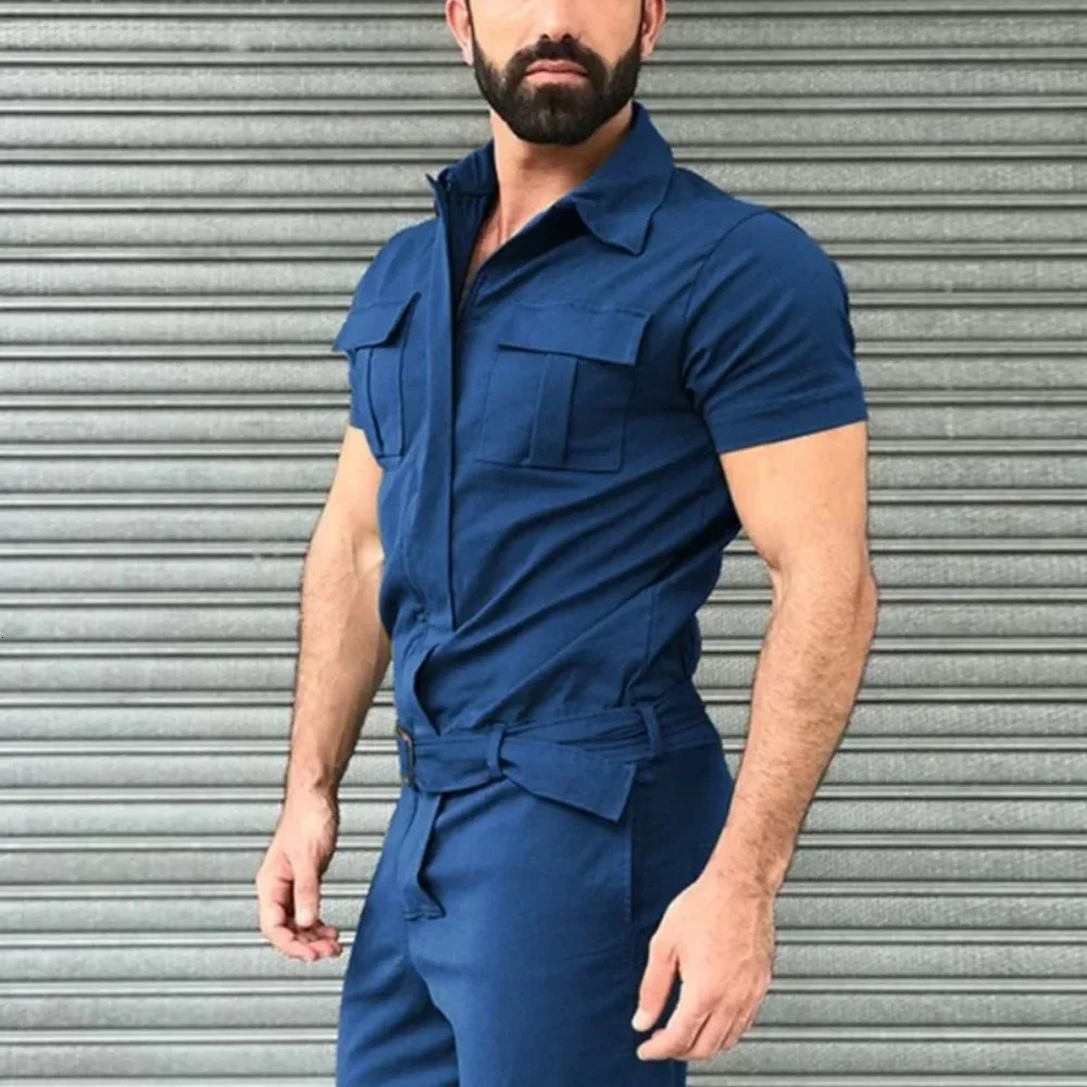 Mens zipper jacket jumpsuit casual streetwear solid color lapel short sleeved shirt and pants workwear M3XL 2024 item 250326