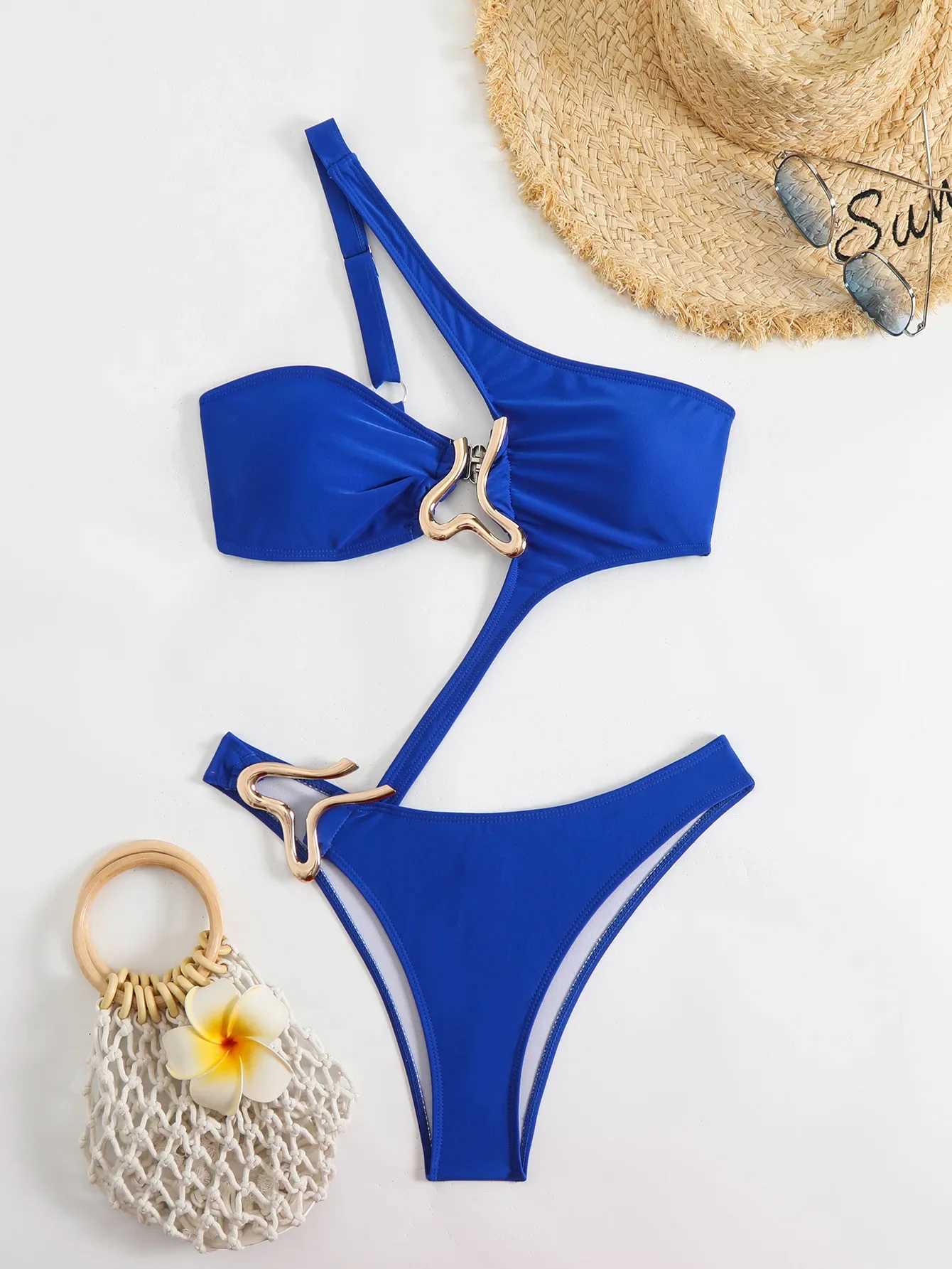 Sexy Black Hollow Out Bikini 2025 Women One Shoulder Metal Designer Backless Thong One Piece Swimsuit Summer Bathing SuitsC250314