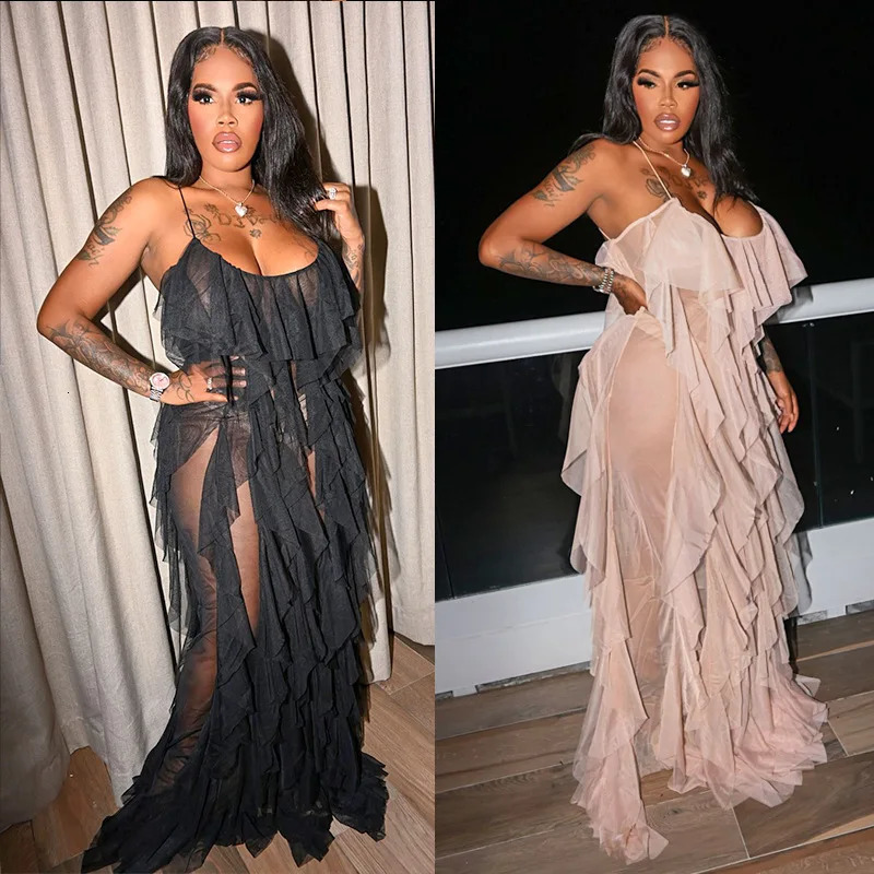 Sexy Mesh Beach Maxi Dresses Women Spaghetti Strap Ruffle Robe Swimwear Summer Fashion Backless Swimsuit Cover Up 250326
