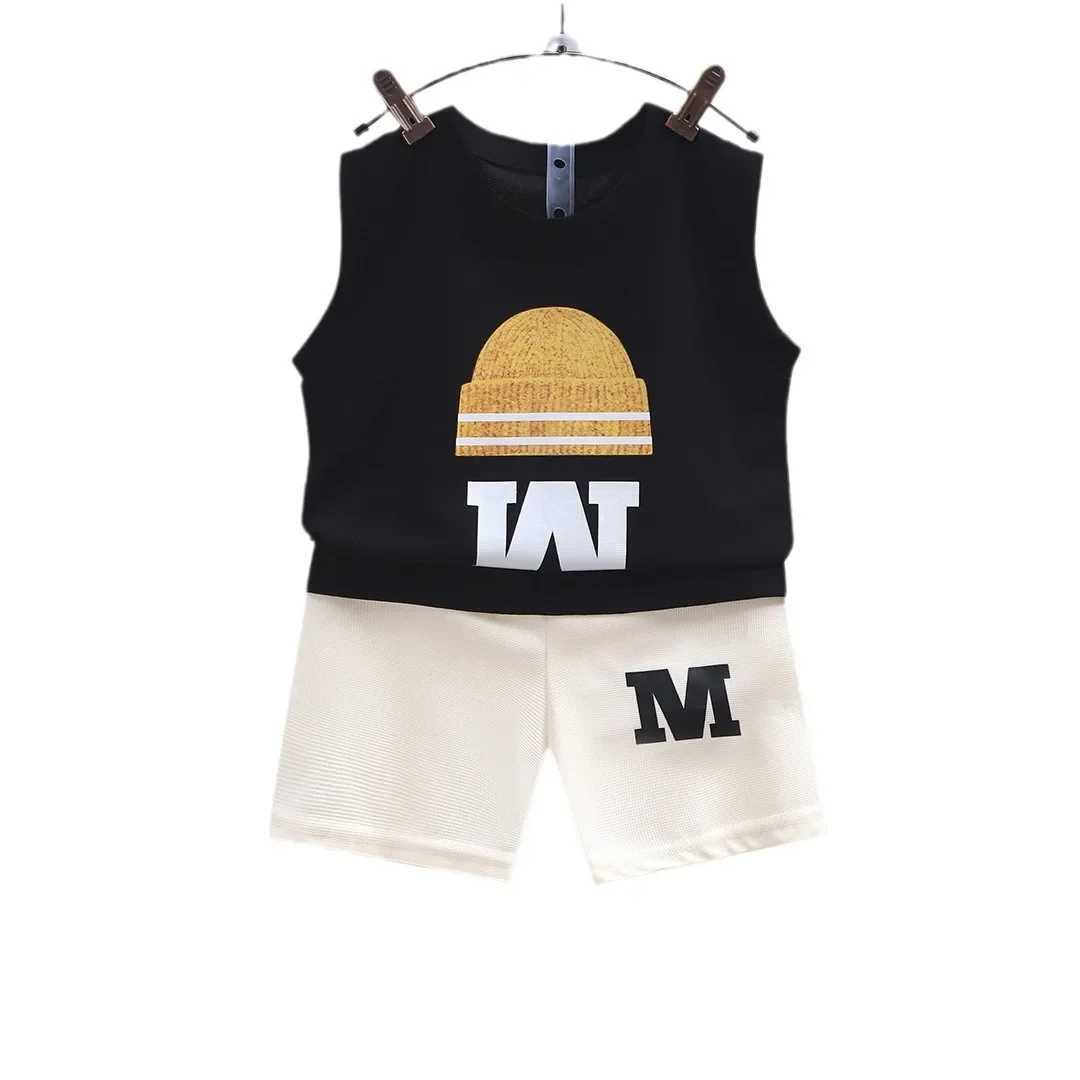 2024 New Summer Childrens Sportswear Set Boys and Girls Cartoon Letter Printed Sleeveless Tank Top+Shorts Baby Casual ClothingT250327