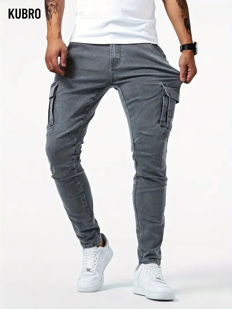 Street Elastic Jeans Men Denim Cargo Pants Wash Solid Color Multi Pockets Casual Mid Waist Trousers Slim Fit Daily Wear Joggers 250317