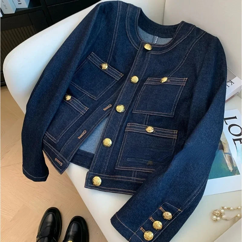 Womens denim jacket with spring and autumn buttons retro Chaquetas Korean fashion blue simple chic B386 250326