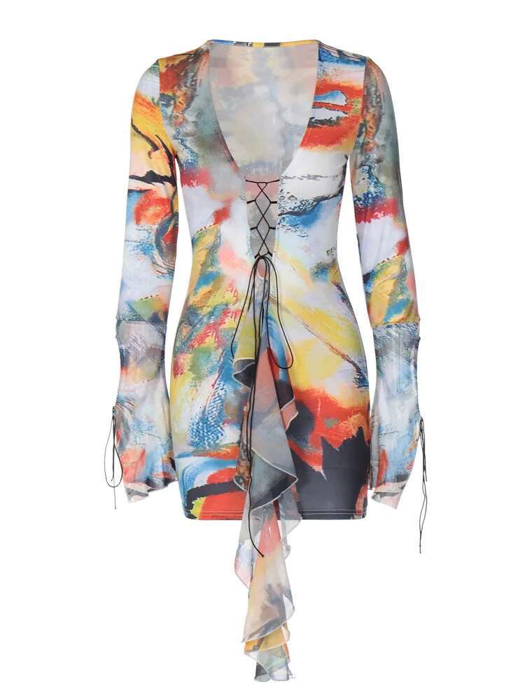 Dongdumaoyi Fashion Print Nieuwe Sexy Diepe V Patchwork Ruche Tie Back Manchet Bodycon Lange Mouwen Jurk C