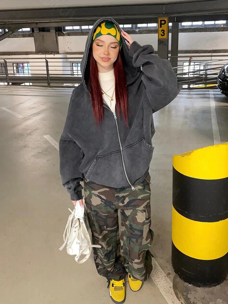 Fashionable retro clothing washed old zipper long sleeved hoodies oversized sweatshirts spring and autumn streetwear 250326