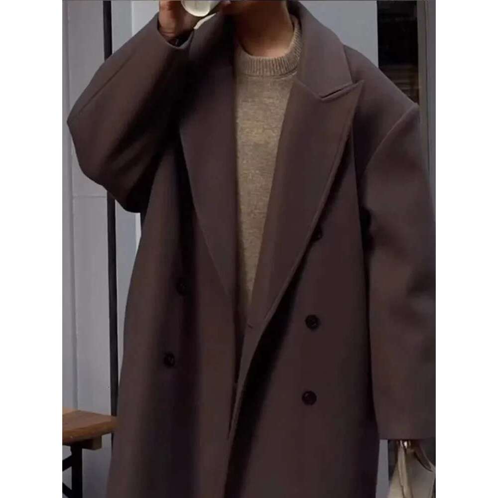 Women's Coat Lapel Women Long Coats Casual Straight Overcoat Double-Breasted Office Ladies Coat Autumn Winter Vintage Streetwear Outwear