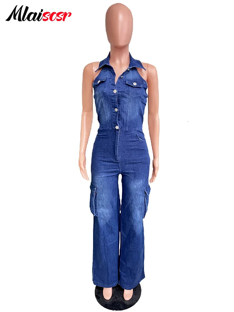 Mlaicsr womens clothing blue denim onepiece jumpsuit strapless sleeveless straight jeans full set of cargo pants 250326
