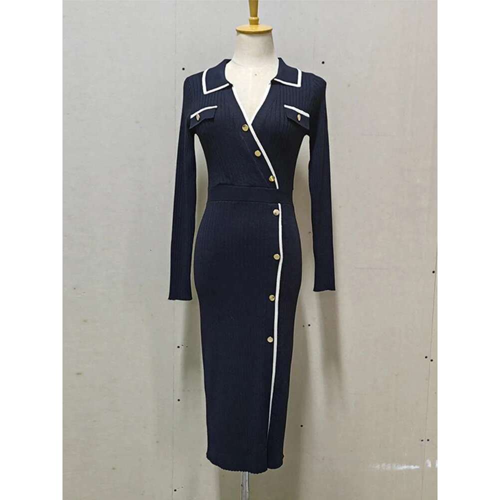 Women's Coat Knitted Women Maxi Dresses Turn-Down Collar Fake Buttons Long Sleeve Slim Dress Front Split Autumn New Fashion Lady Robes
