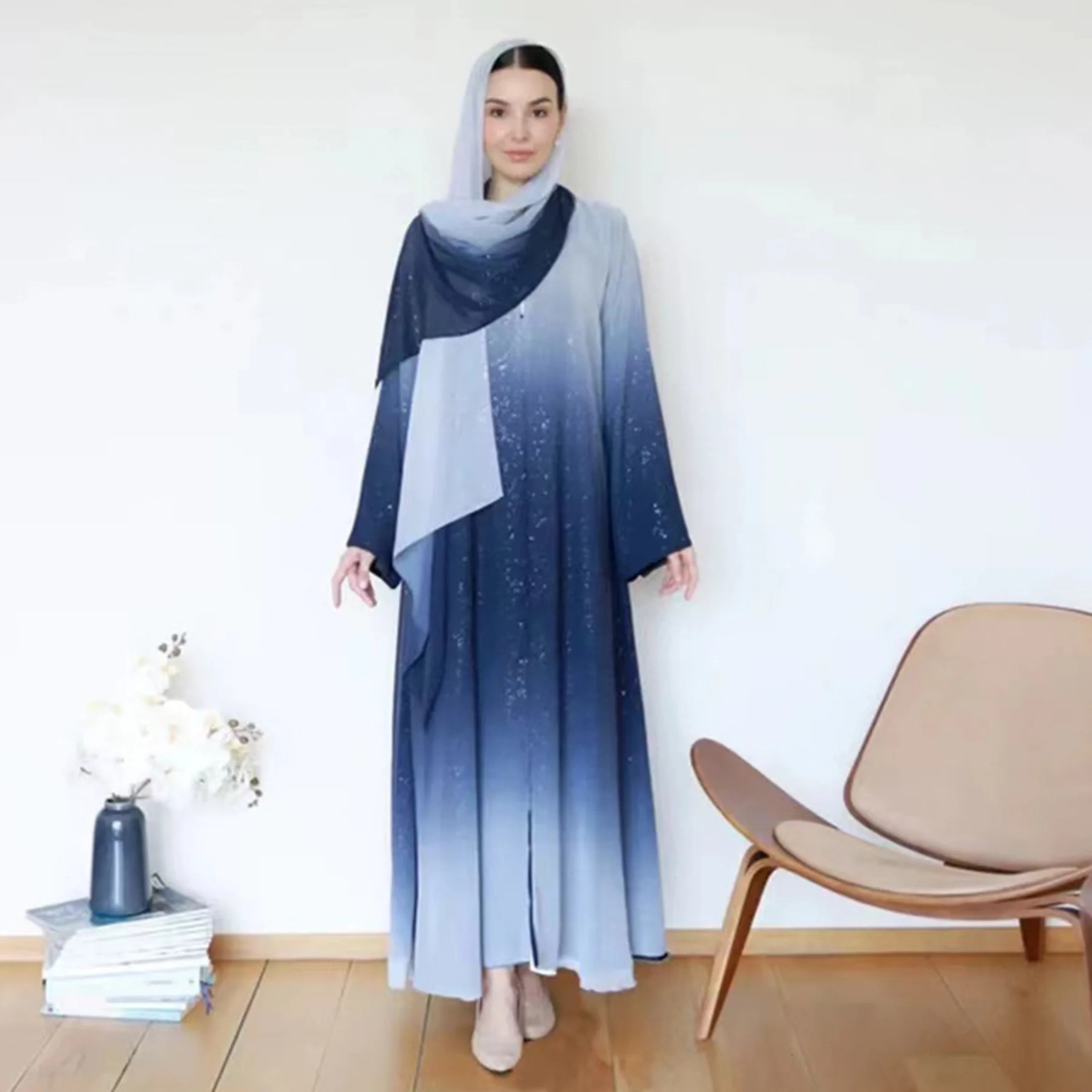 Dubai y gradient color Abaya open kimono Muslim dress with scarf moderate robe Khimar Islamic Ka Caftan Jalabiya Kaftan 250326
