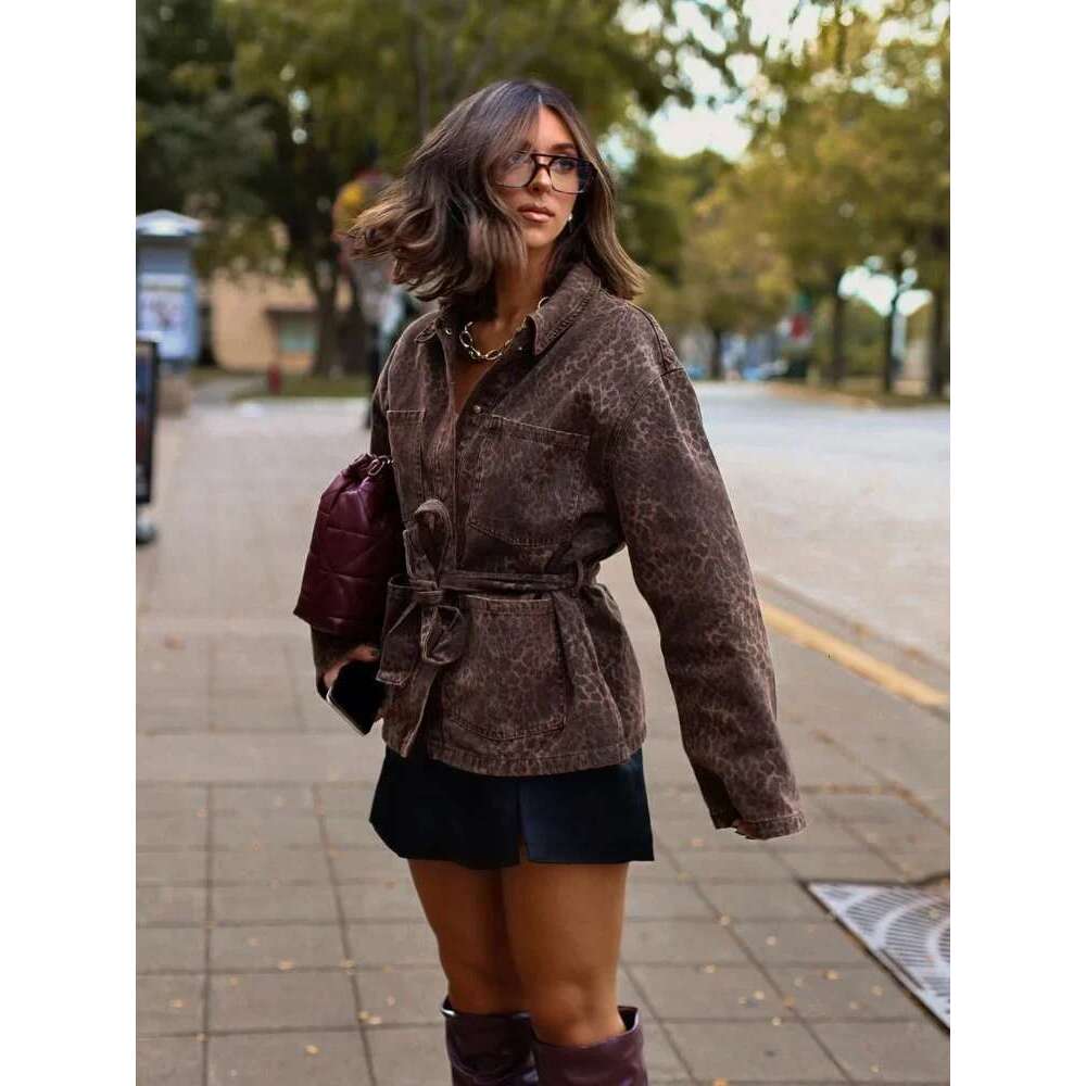 Women's Coat Woman Leopard Print Lapel Lace Up Jacket Casual Long Sleeve Pocket Coats New Autumn Lady High Street Office Outerwears