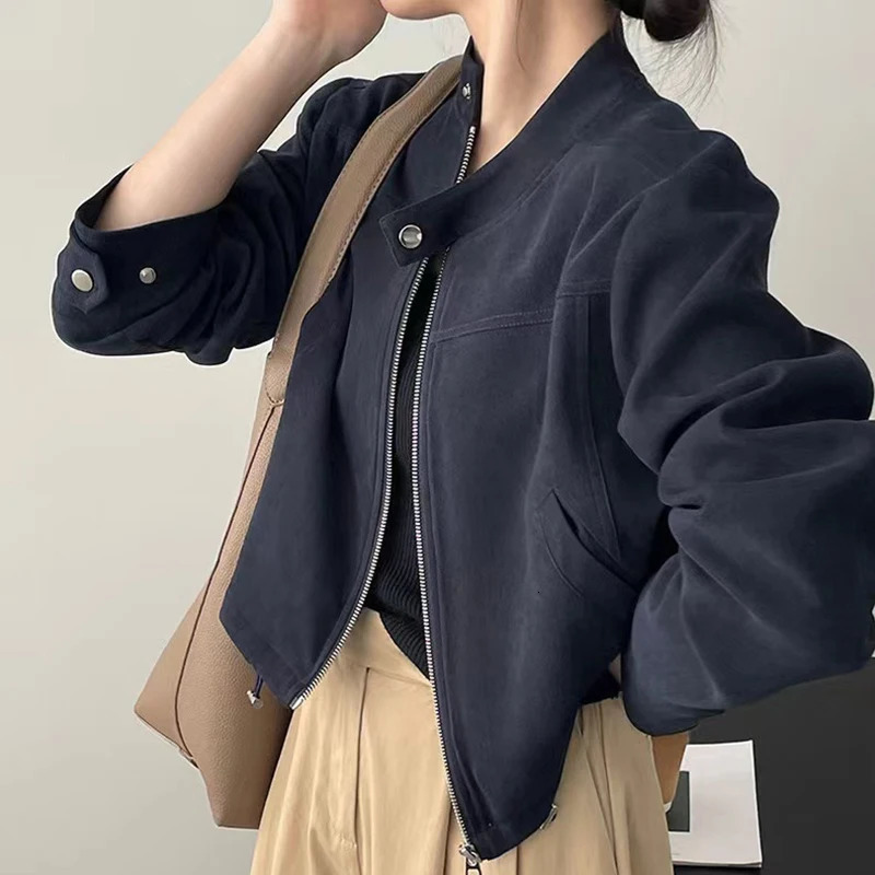 American retro short sleeved jacket Y2K autumn stand up collar long sleeved zipper jacket Harajuku streetwear fully matched motorcycle clothing 250322