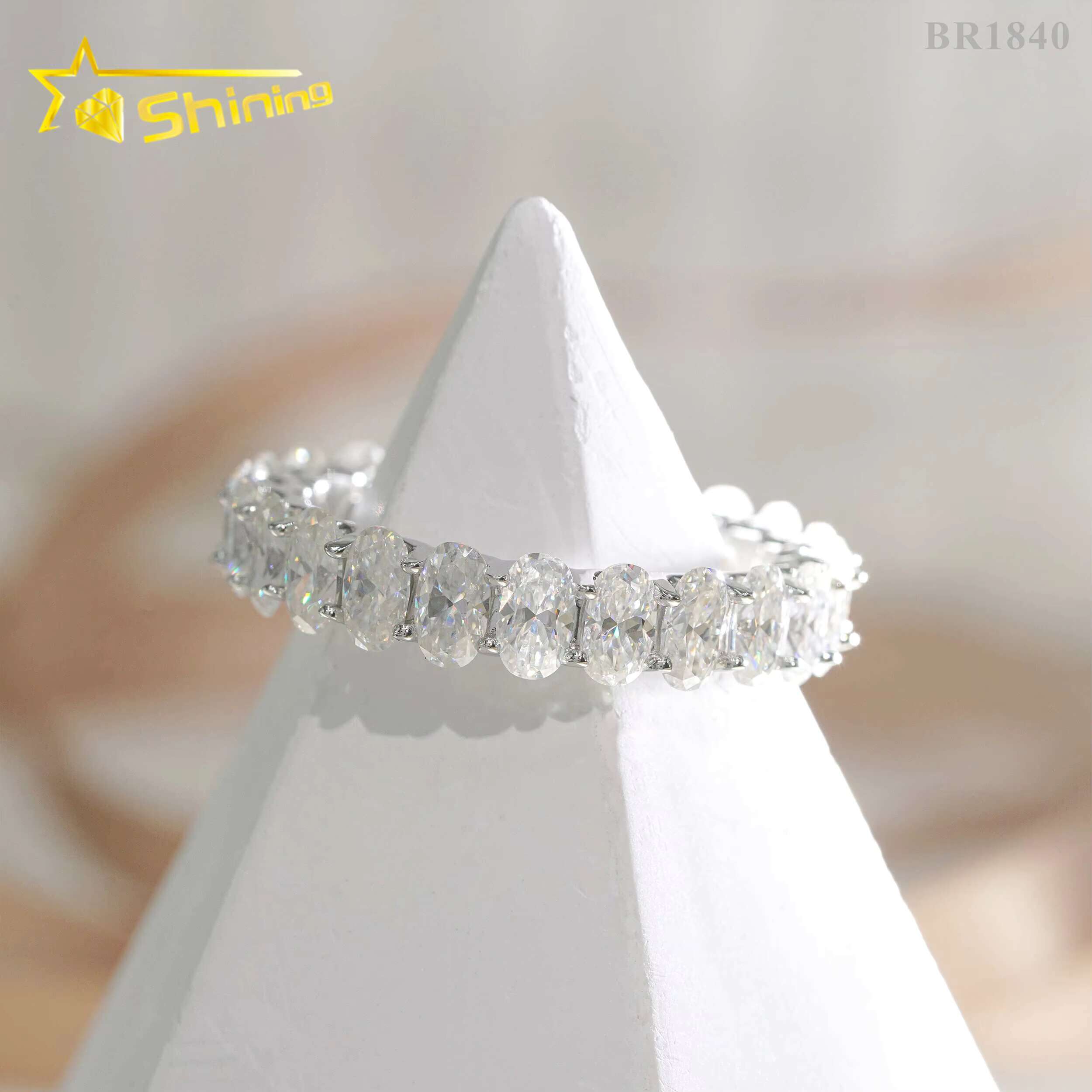 Wholesale 3*5MM 4*6MM Gold Plated 925 Sterling Silver Fine Jewelry Iced Out Diamond Oval Moissanite Hip Hop Eternity Band Ring
