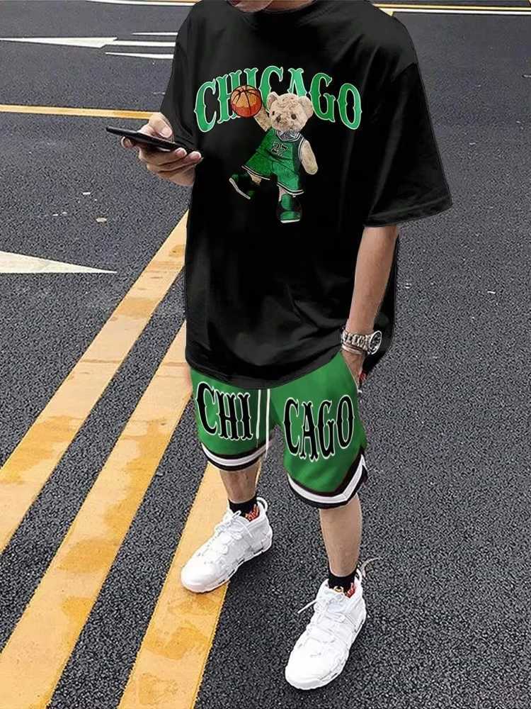 Cartoon Bear 3D Printed Mens Round Neck Short Sleeve 2-piece Set Urban Street Trendy Mens Top Outdoor Mens Drawstring Short SleeveXJ250326