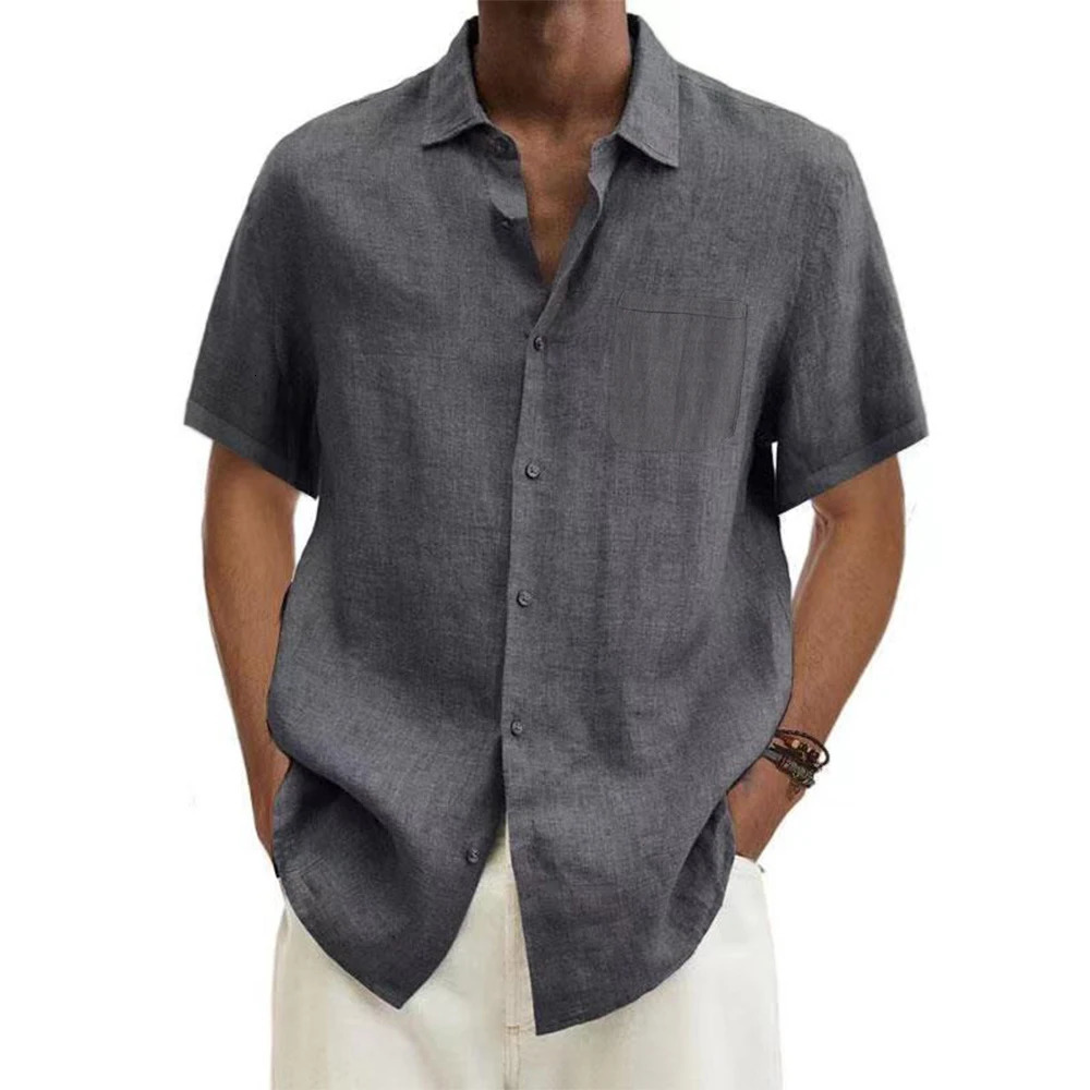 Mens cotton linen selling mens short sleeved summer solid color lapel casual beach style plus size top 250326