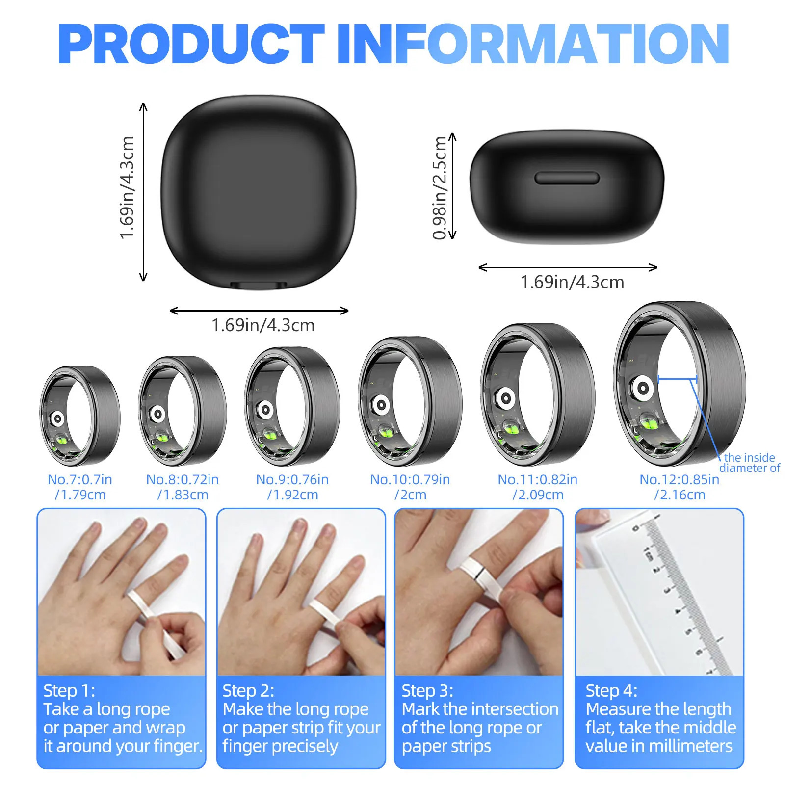 EIGIIS Smart Ring Blood Oxygen Heart Rate Monitor IP68 Waterproof Bluetooth-Compatible5.0 for Men Women for Android IOS 250322