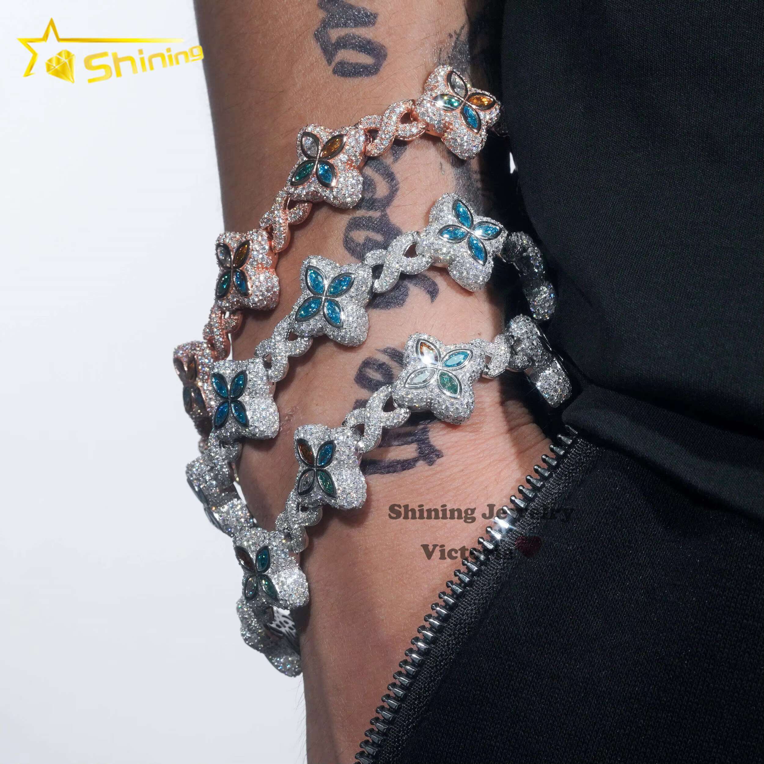 New Trendy Rapper Jewelry Hip Hop Bracelet 18K Gold Plated Moissanite Diamond 925 Silver Clover Infinity Men Cuban Link Bracelet