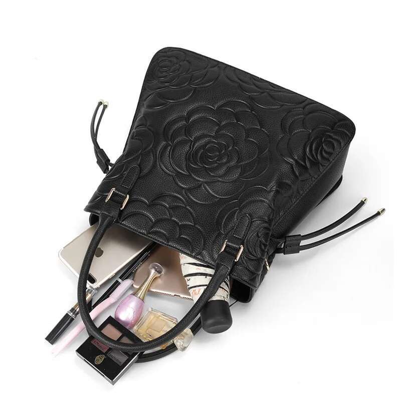Aidrani Fashion Genuine Leather Large Capacity Women's Handbag Black Emed Cowhide Shoulder Bag