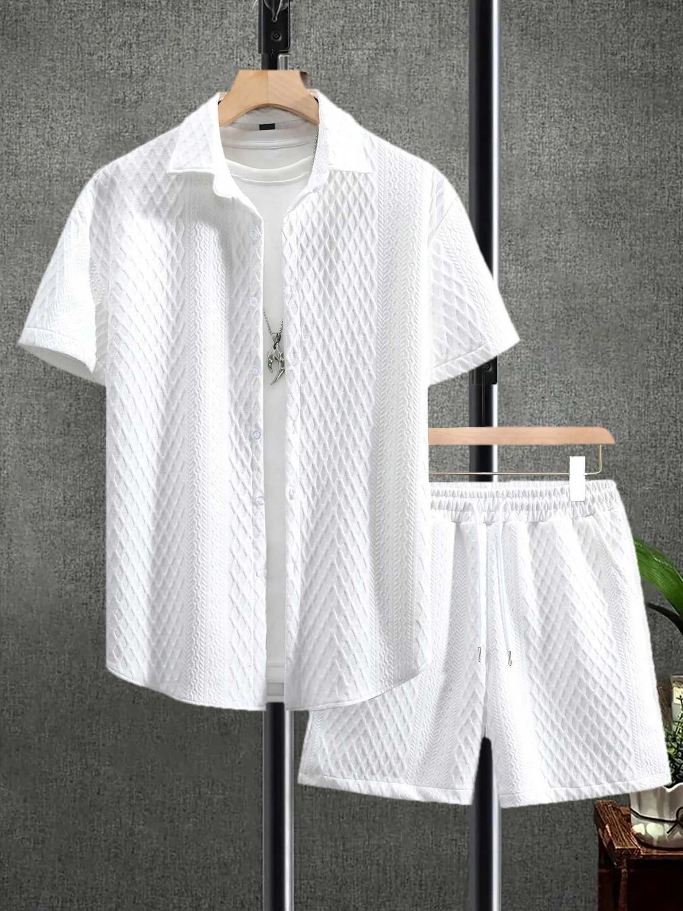Mens 2-piece heavy-duty casual wear knitted textured short sleeved lapel shirt and drawstring shortsXJ250326