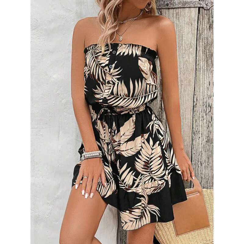 Dongdumaoyi Sexy Strapless Tube Top Taille Gecontroleerde Veters Hot Selling Bloemenprint Vakantie Dameskleding Mode Jurk C