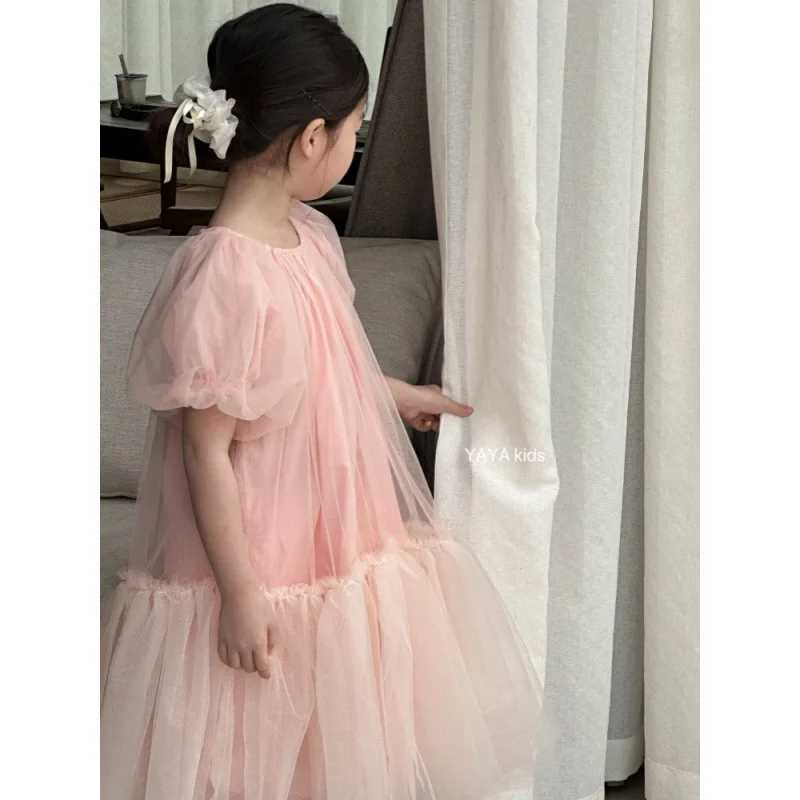 Childrens Dress 2025 Summer Short Sleeve Gauze Pink Kids Girls Princess Dress Bubble Sleeves Fluffy Girls Birthday Dress W250326