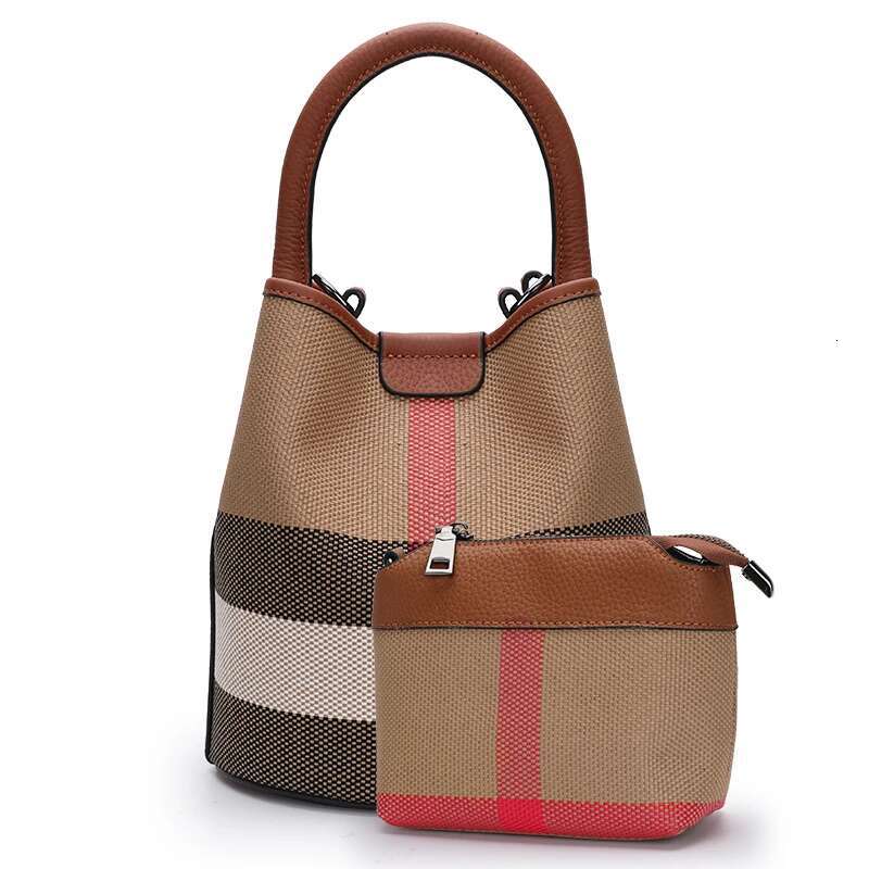 Aidrani New Plaid Women's Handbag, Made Of Canvas Cowhide Material, Caramel Colored Bucket Bag