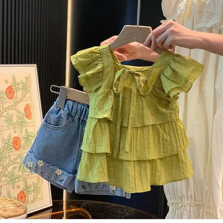Kids Girls Clothing Sets Summer Ruffled Blouse Tops Shirts Embroidered Flower Denim Jeans Shorts 2pcs Clothes Suit 250326