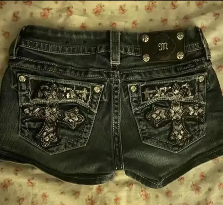 Y2K Mini Shorts Harajuku Vintage Cross Graphic Pockets Embroidery Low Waist Gothic Sexy Girl Hip Denim 250311