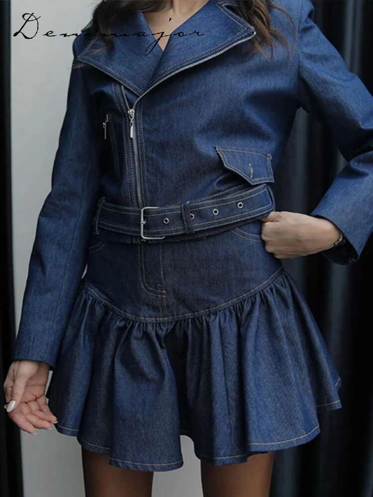 Elegant Urban Lapel Belt Women Skirt Set Long Sleeve Per Top High Waist Pleated Mini Skirts Spring Summer Chic Lady Suit