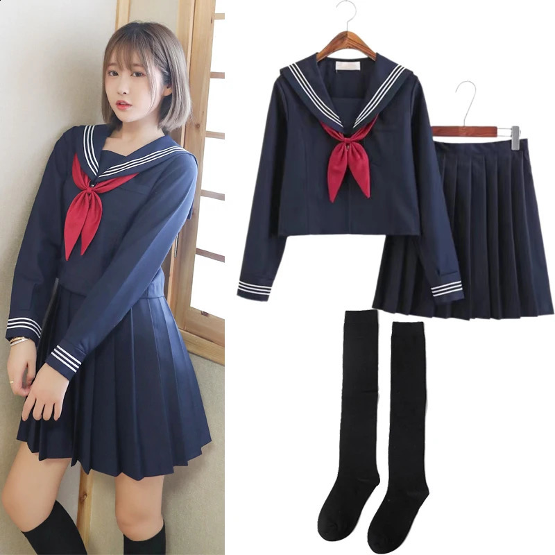 Basic Style Japanese School Uniform Academy High Girl Student Sailor Set White Top Wrinkle Skill 250326