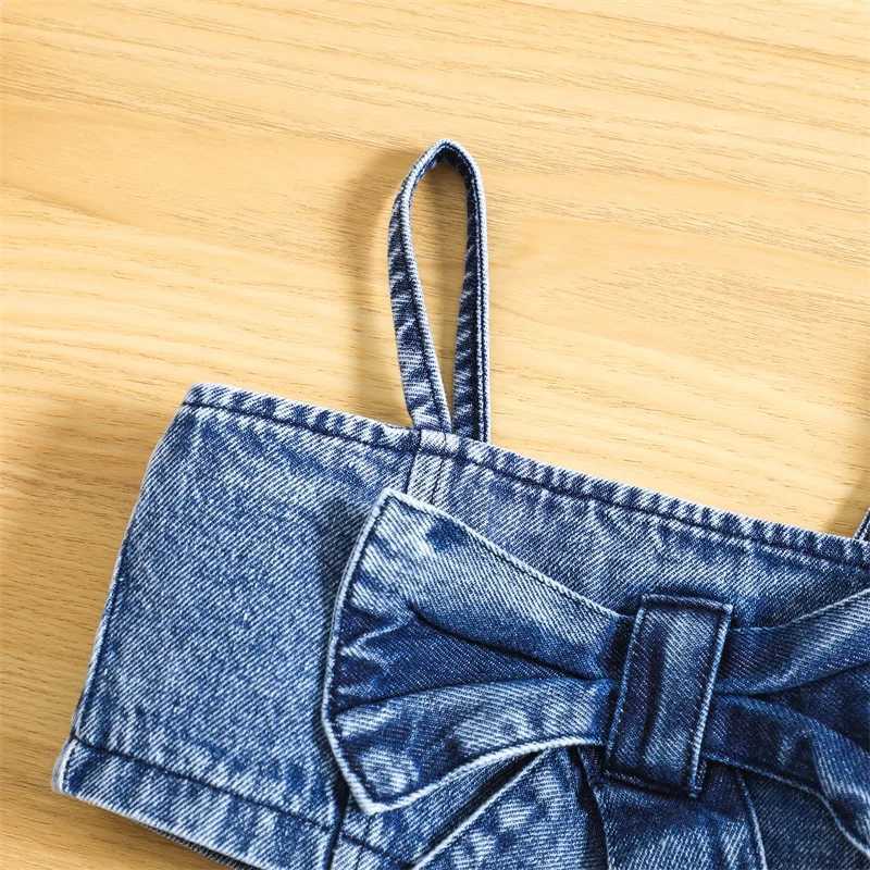 Pudcoco Childrens Baby Girls Summer 2-piece Solid Sleeveless Bow Denim Tank Top and Elastic Casual Ski Shorts Set 1-6TT250327