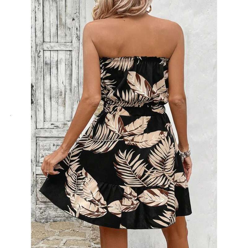 Dongdumaoyi Sexy Strapless Tube Top Taille Gecontroleerde Veters Hot Selling Bloemenprint Vakantie Dameskleding Mode Jurk C